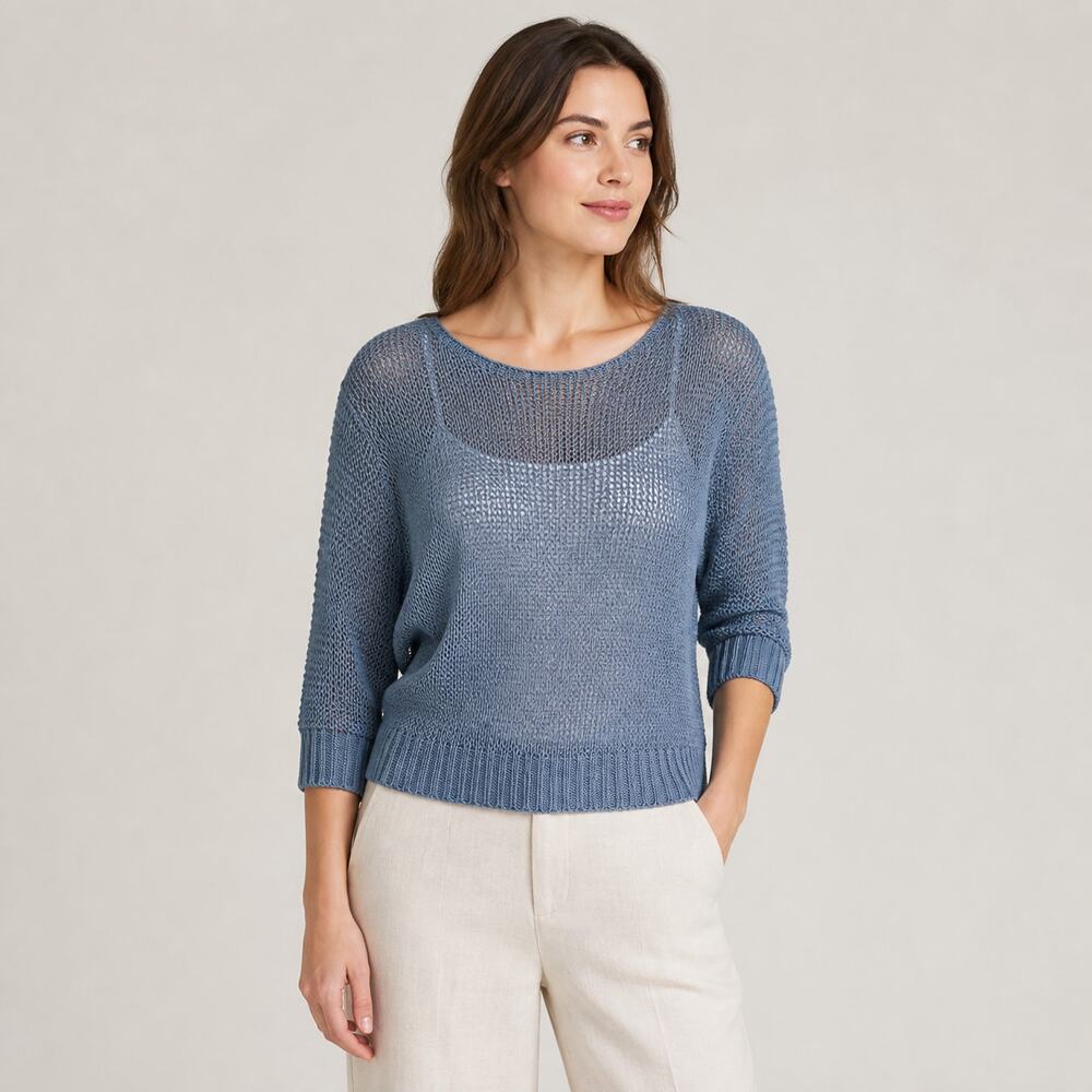 Meo Meli Blue Gray Open Knit Cropped Dolman Sweater One Size Italy